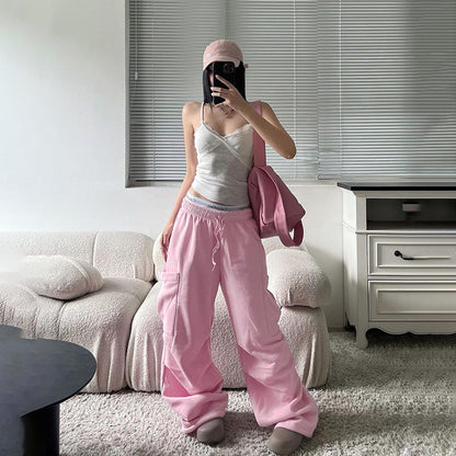 Pink High-Waisted Baggy Workwear Cargo Sweatpants