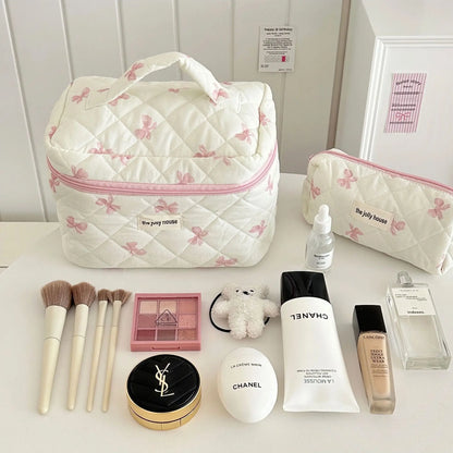 Cute Bow Flower Quilted Cotton Makeup Bag & Toiletry Case Set