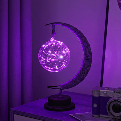 LED Star in Moon Night Light with Hemp Rope and Iron Art Base