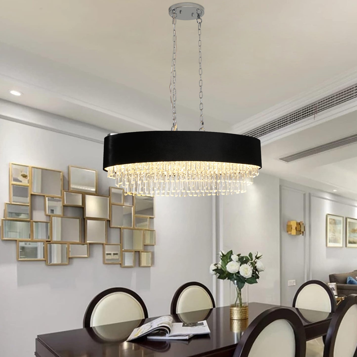 Luxury Modern Black Crystal Chandelier – Elegant Round Pendant Light for Dining & Living Room
