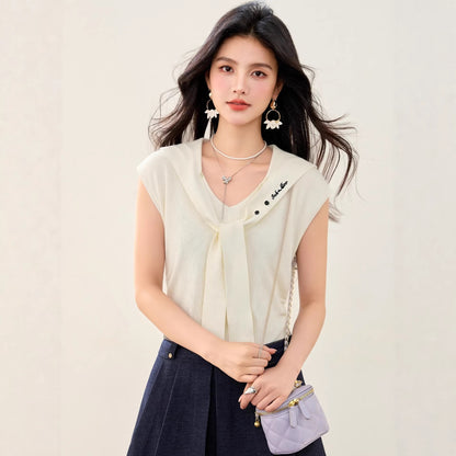 Women's Sailor Collar Embroidered Knit Top - Mock Two-Piece Flutter Sleeve Shirt