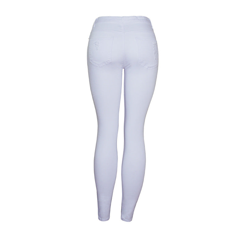 Elegant White Ripped Pencil Pants – High Waist Slim Fit Distressed Denim for Women