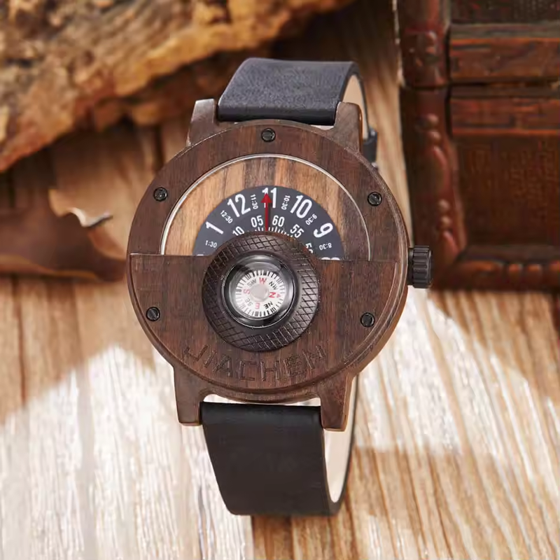 JIACHEN Multifunctional Wooden Watch with Compass - Outdoor Sports Watch