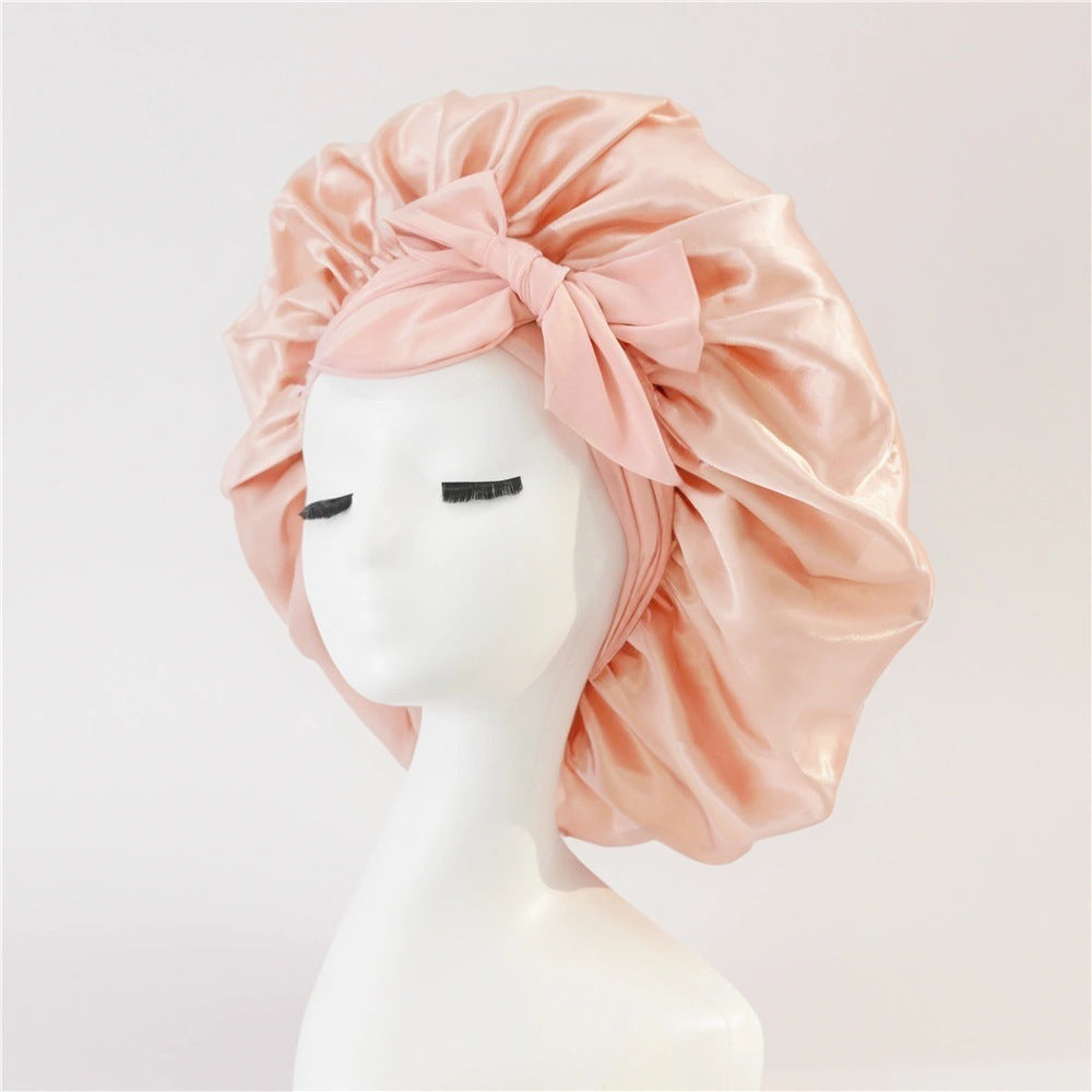 Wide-Brimmed Satin Bonnets with Elastic Ribbon Bow | Solid Color Hairdressing Sleep Cap