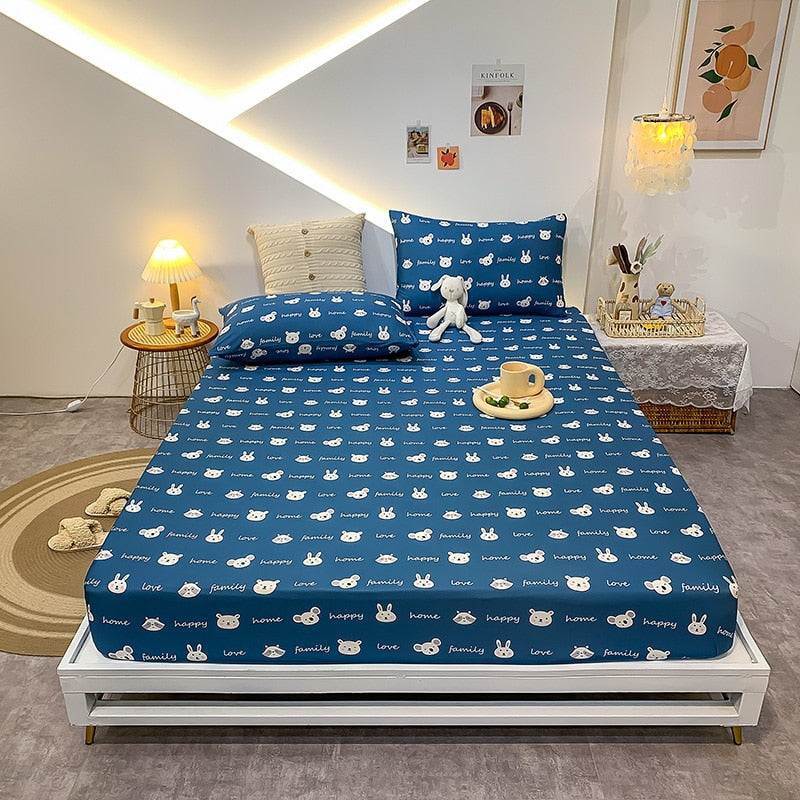 Premium Cotton Elastic Fitted Bed Sheet – Non-Slip Geometric Printed Bed Linen for Queen & King Size Beds