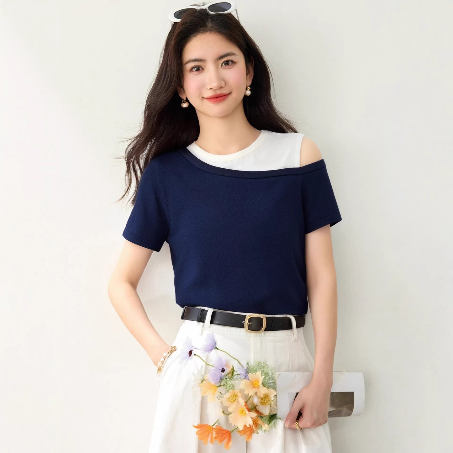 Women's Asymmetric Two-Tone Ice Silk Knit Top - Off-Shoulder Short Sleeve Blouse