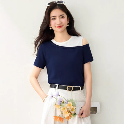 Women's Asymmetric Two-Tone Ice Silk Knit Top - Off-Shoulder Short Sleeve Blouse