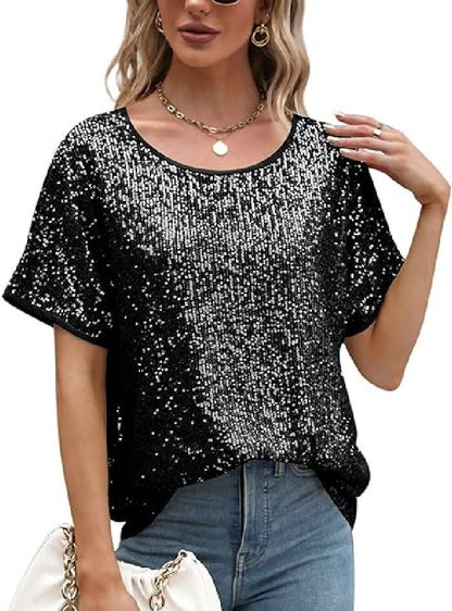 Sparkly Champagne Sequin Party Top - Glamorous Loose Fit Short Sleeve Evening Tee