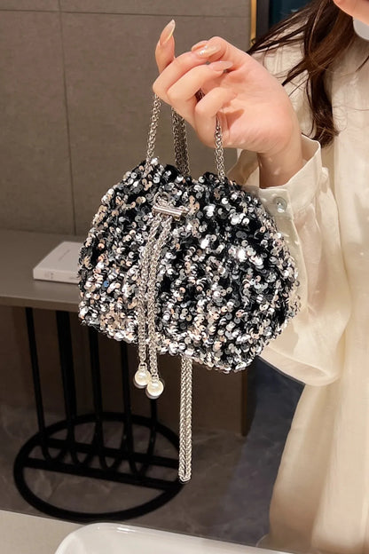 Sparkling Sequin Drawstring Bucket Bag with Chain Strap