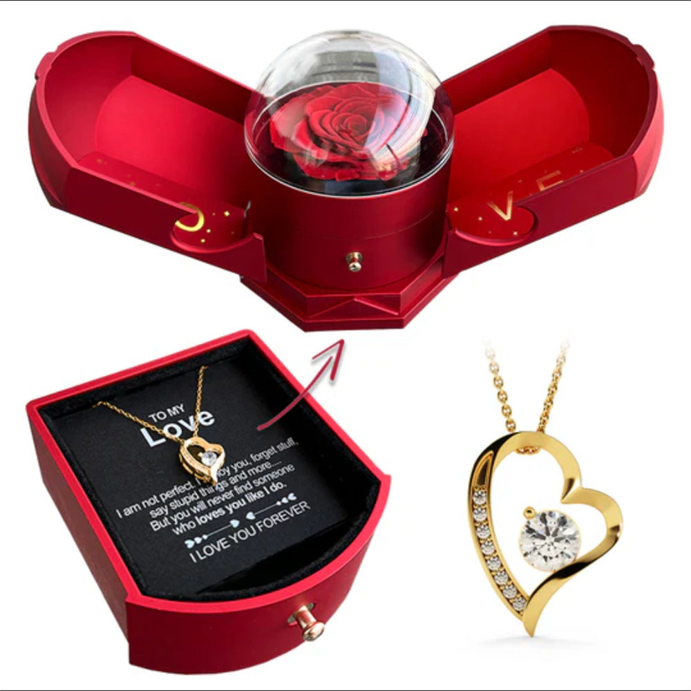 Romantic Double Open Rose Jewelry Gift Box | Angel Wings Drawer Style Necklace Presentation Case