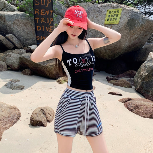 Chic Striped High-Waist Summer Shorts – Comfy Elastic Loose Fit Lounge Pants for Women