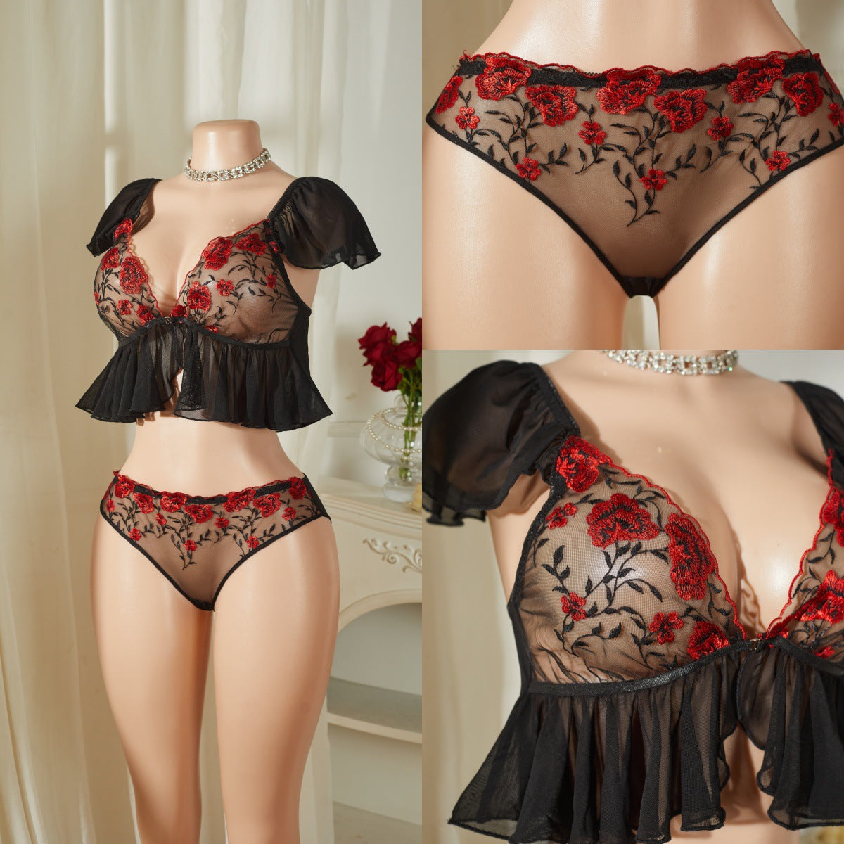 Sexy Perspective Mesh Underwear Set - Cap Sleeve Ruffle Top and Panty