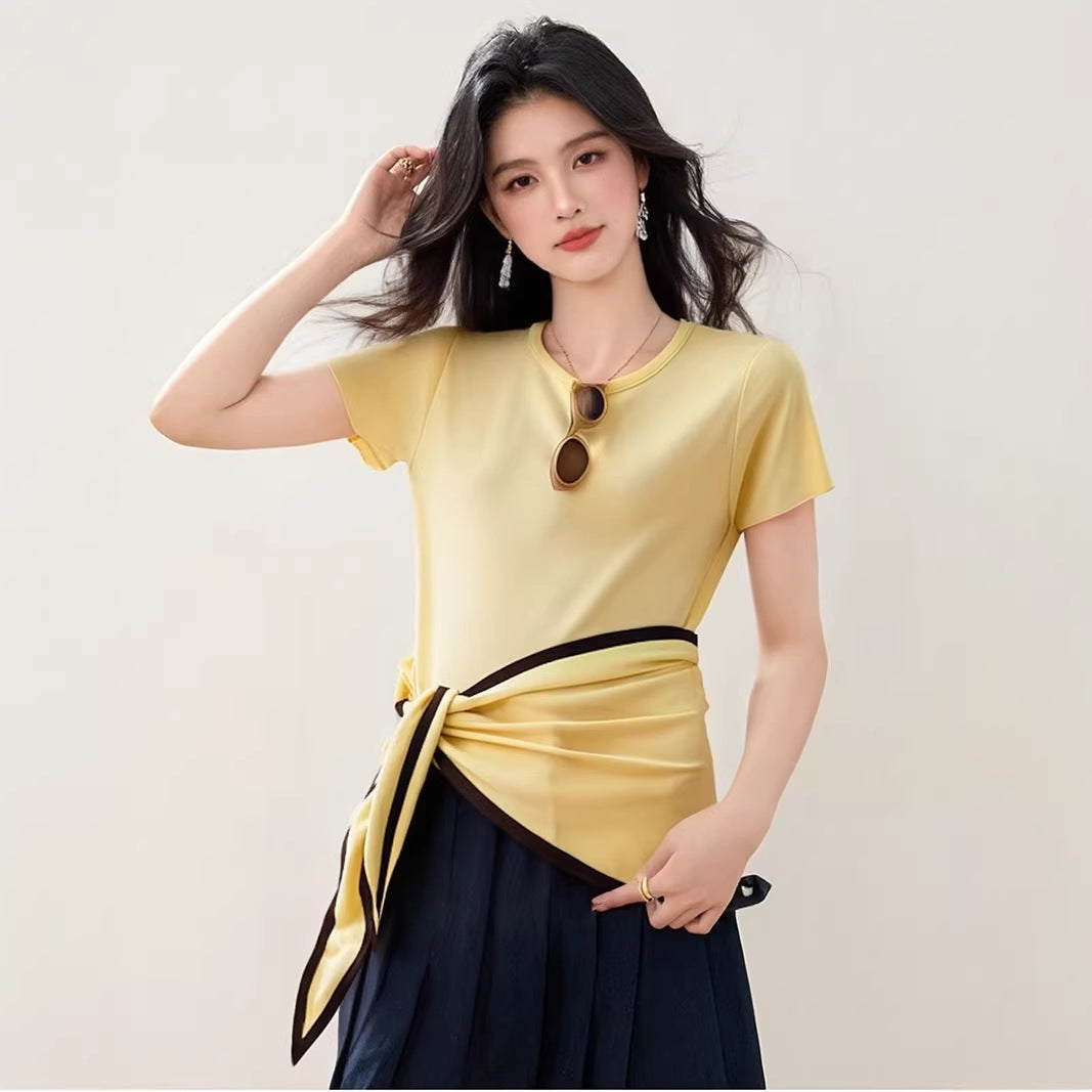 Women's Yellow Knitted Short Sleeve T-Shirt - Summer Outfit Chic Top