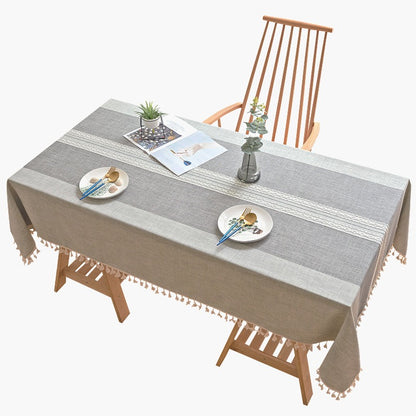 Nordic Jacquard Cotton Linen Tablecloth – Elegant Pink Long Stripe Table Cover with Decorative Tassels