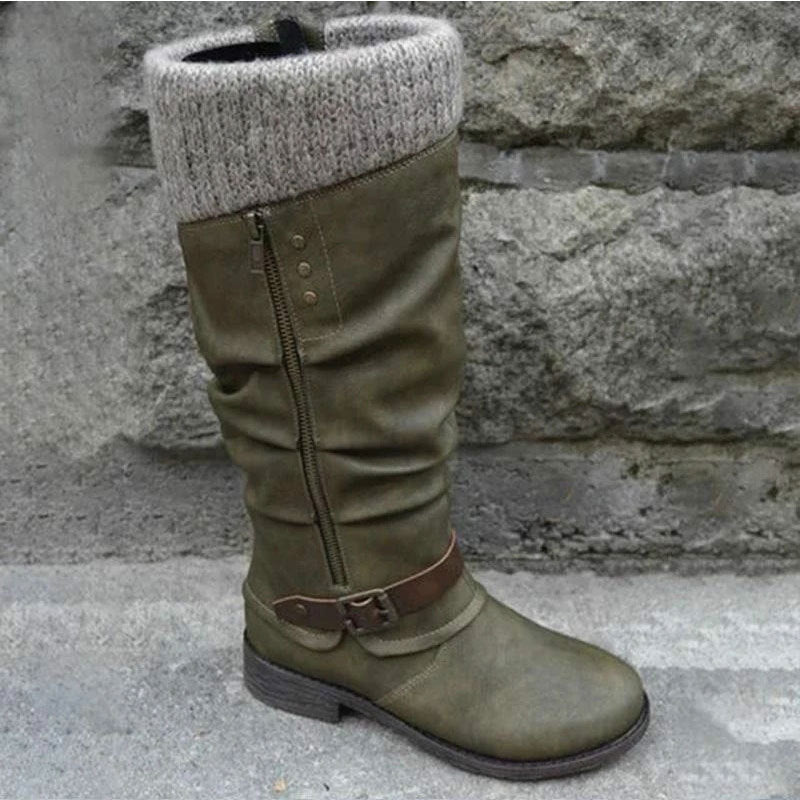 Women's Thick Heel Yarn Splicing Mid-Calf Boots with Side Zipper