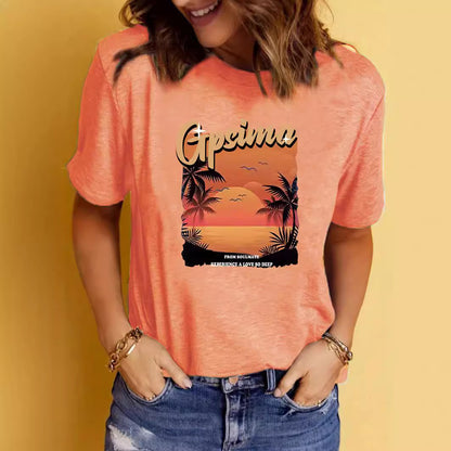 GPSIMA Sunset Beach Printed Round Neck Short Sleeve T-Shirt | Graphic Vacation Tee