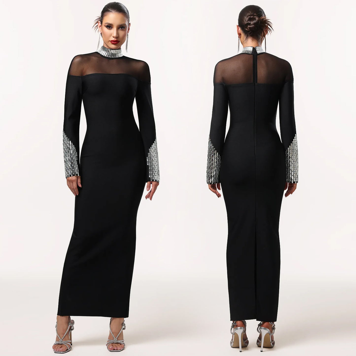 Elegant High-Neck Long Sleeve Maxi Dress – Glamorous Sheer Mesh Detail Sequined Party Gown for Women