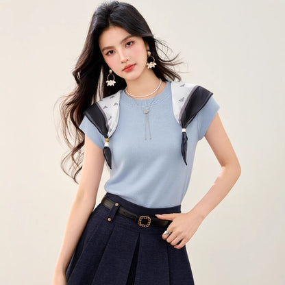Women's Fashionable Scarf Detail Knit Top - Elegant Slim Fit Summer Tee