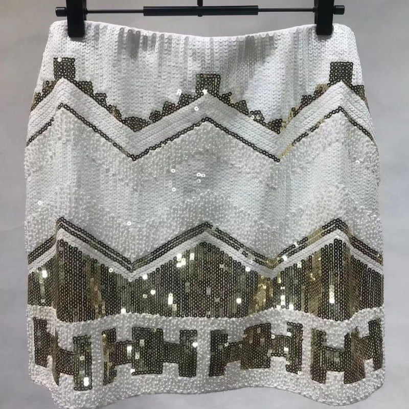 Glamorous Sequin Beaded Mini Skirt - Elegant High-Waist Party Wear