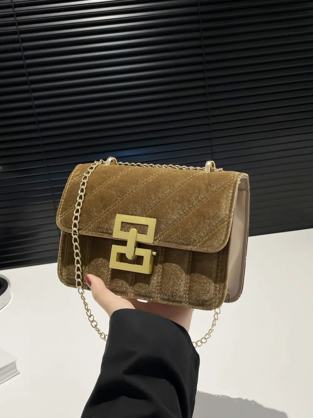 Black Velvet Chain Strap Shoulder Bag with Gold Hardware
