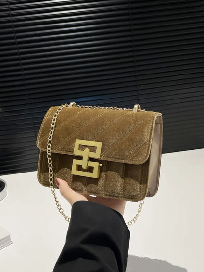 Black Velvet Chain Strap Shoulder Bag with Gold Hardware