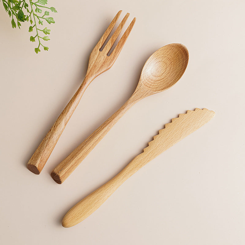 3-Piece Creative Beech Wood Cutlery Set - Natural Wooden Knife, Fork, and Spoon