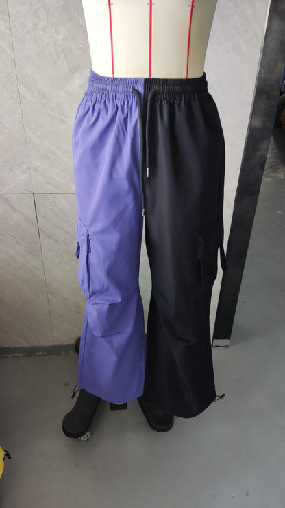 Women's Color Block High Rise Cargo Pants - Purple & Yellow Streetwear Trousers
