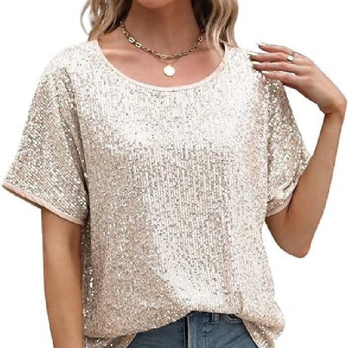 Sparkly Champagne Sequin Party Top - Glamorous Loose Fit Short Sleeve Evening Tee