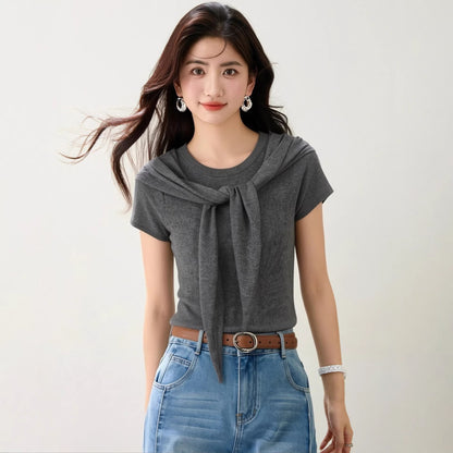 Women's Chic Two-Piece T-Shirt with Shoulder Wrap - Elegant Summer Knit Top