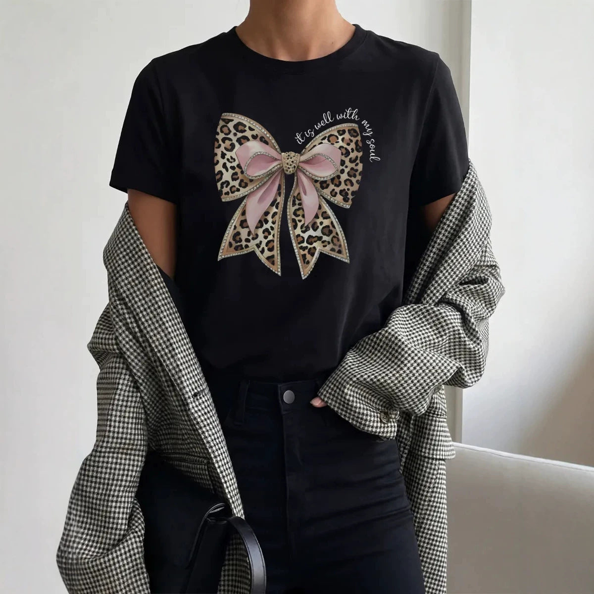 Women's "It Is Well With My Soul" Leopard Bow Short Sleeved Tee