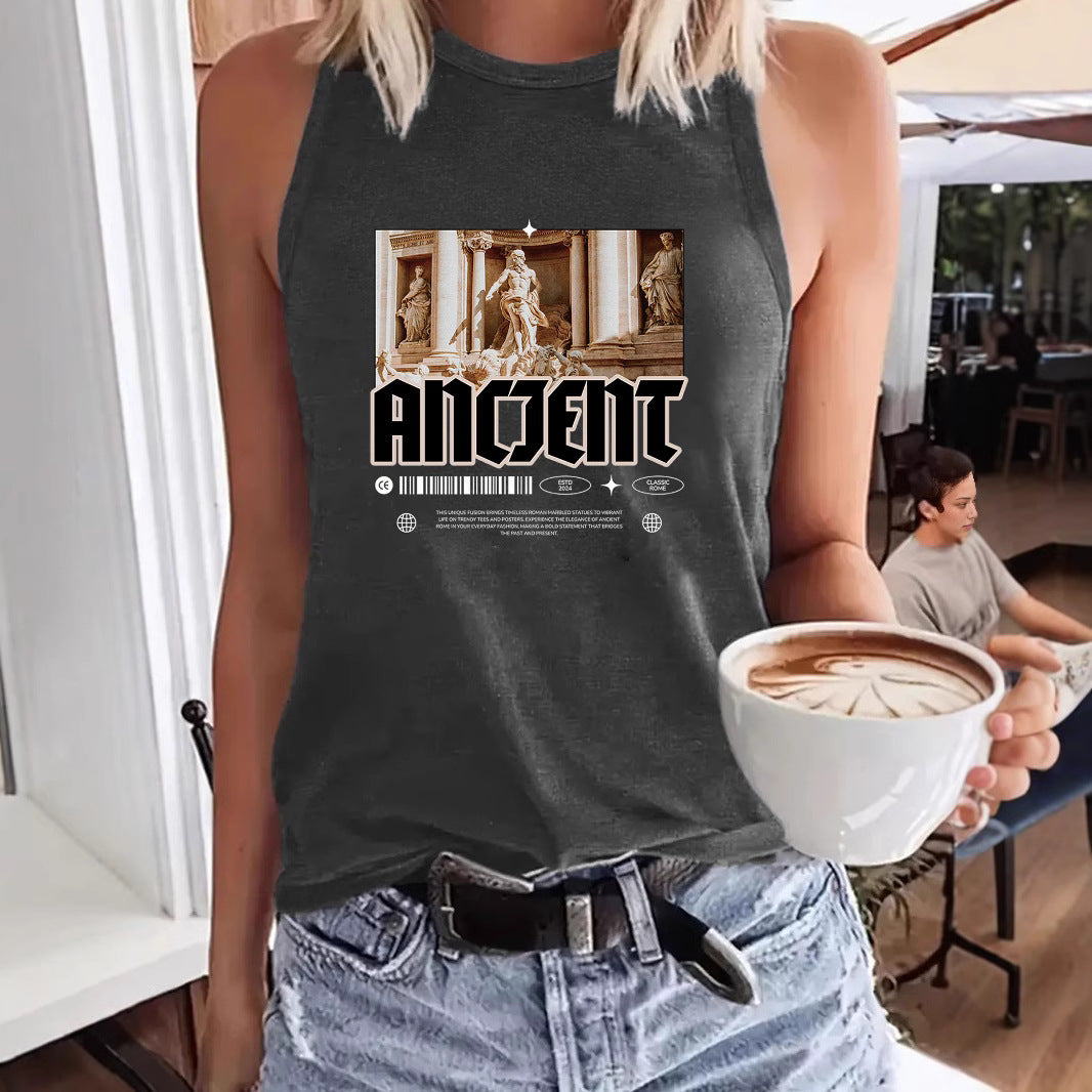 ANOENT Pattern Loose Women's Tank Top | Ancient Ruins Graphic Sleeveless Shirt