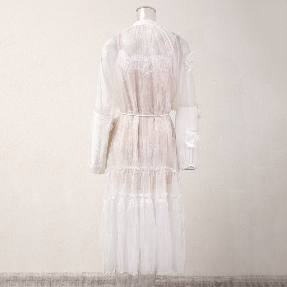 Luxury 3D Floral Patchwork White Cardigan Dress - Elegant Lace-Up Mesh Maxi Skirt for Women