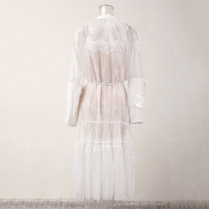 Luxury 3D Floral Patchwork White Cardigan Dress - Elegant Lace-Up Mesh Maxi Skirt for Women