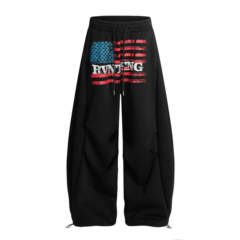 Unisex Retro Letter Print Wide Leg Loose Fit Casual Sweatpants