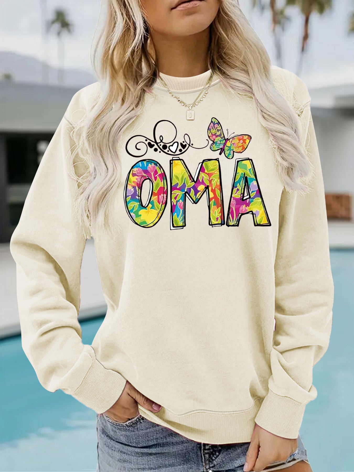 OMA" Butterfly Tie-Dye Print Sweatshirt | Loose Fit Brown Pullover for Grandmas