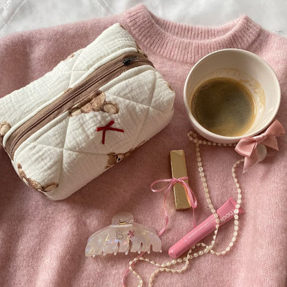 Cute Teddy Bear Quilted Portable Makeup & Skincare Storage Bag