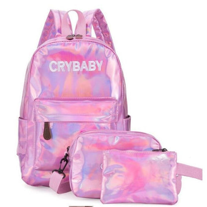 3-Piece Holographic Laser Backpack Set with "Crybaby" Embroidery - School & Travel