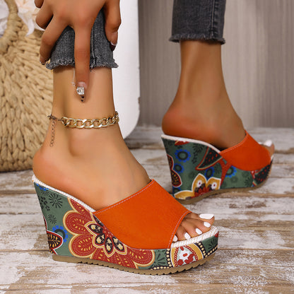 Women's Vintage Patterned Wedge Sandals - Thick Sole Open Toe Slides