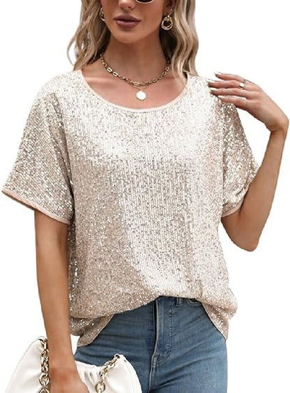 Sparkly Champagne Sequin Party Top - Glamorous Loose Fit Short Sleeve Evening Tee