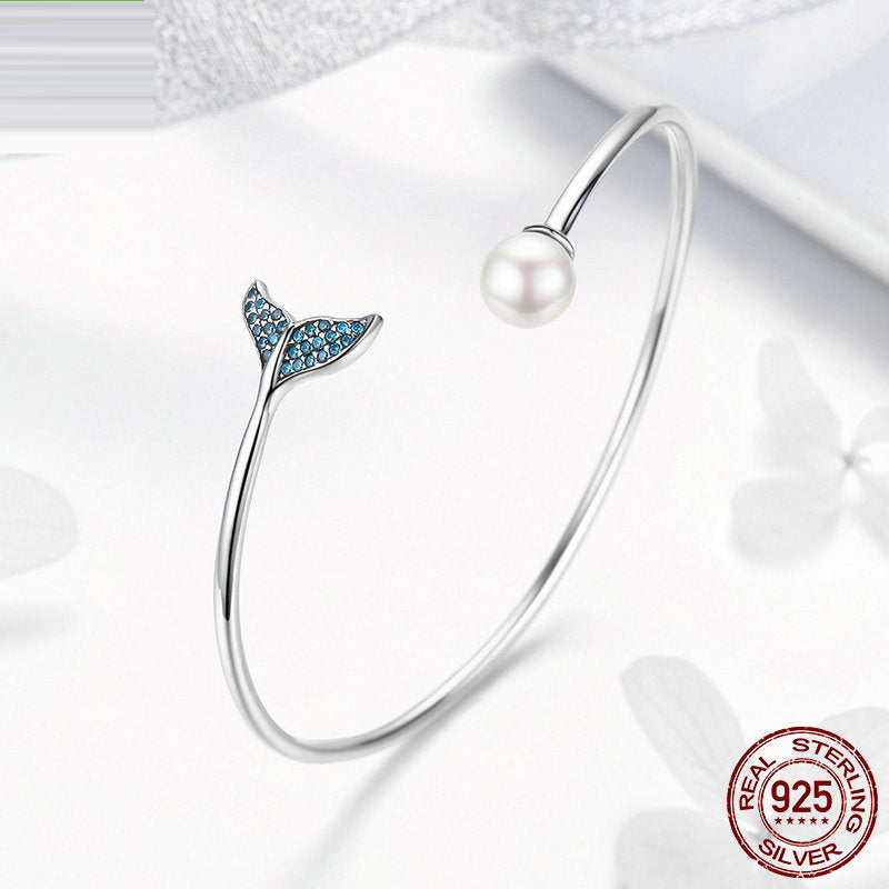 Blue Crystal Mermaid Tail & Pearl Adjustable Silver Bracelet