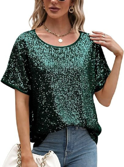Sparkly Champagne Sequin Party Top - Glamorous Loose Fit Short Sleeve Evening Tee
