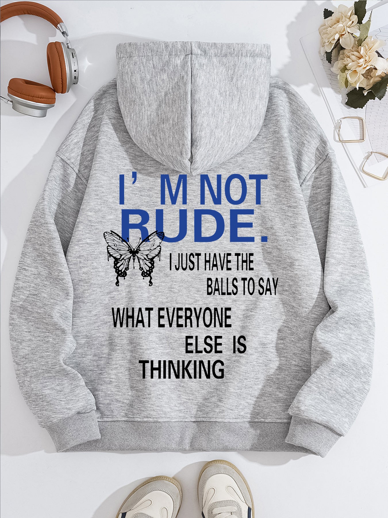 Funny Quote Print Fleece Hoodie | Beige Kangaroo Pocket Pullover for Men & Women