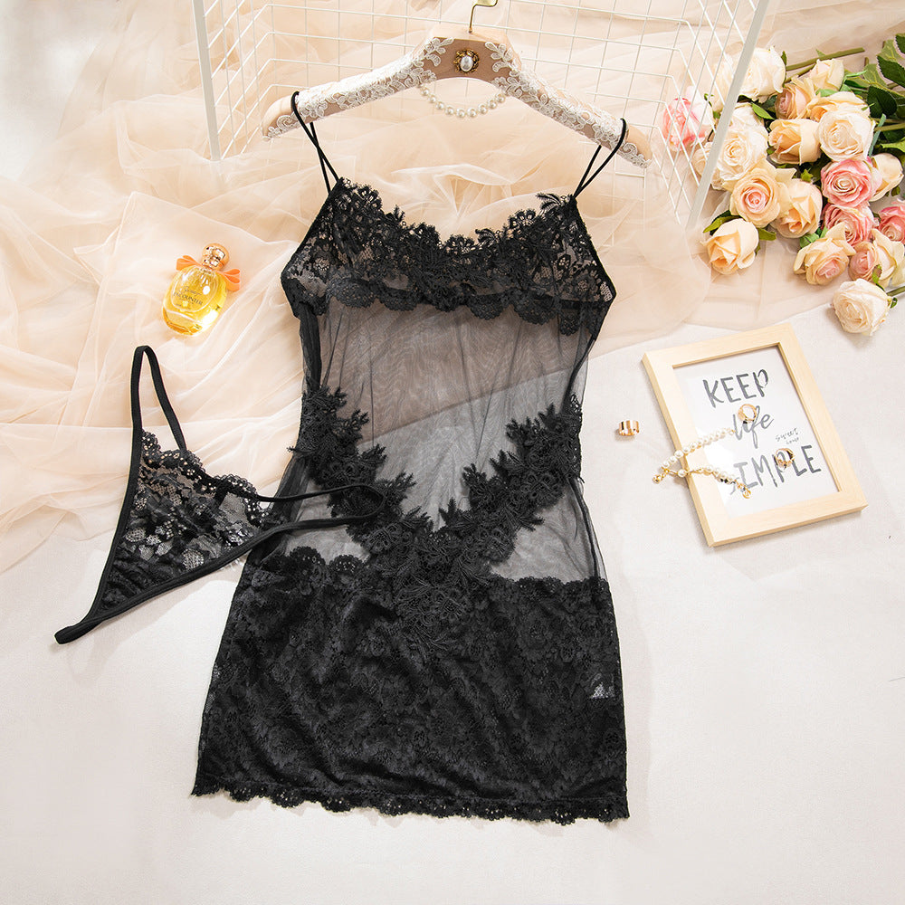 Black Lace Patchwork Mesh Babydoll Mini Dress with Thong Set