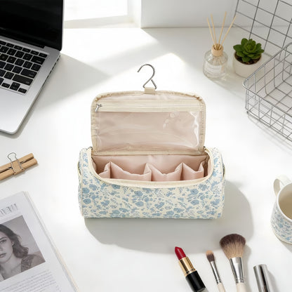 Hanging Quilted Floral Cosmetic Bag - Large Capacity Travel Toiletry Storage Organizer
