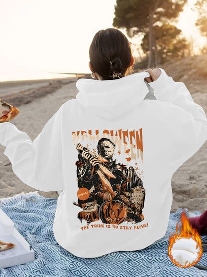 Grunge Skull Graphic Print Fleece Hoodie | Oversized Rust Brown Pullover for Streetwear