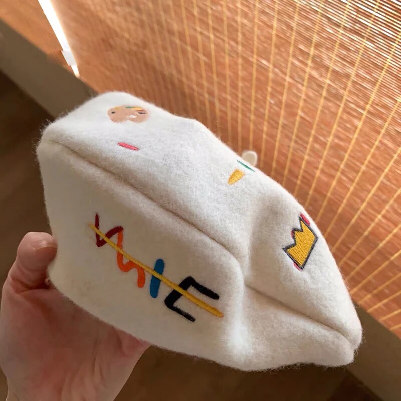 Cute Dinosaur Embroidery Wool Beret - Korean Style Winter Artist Hat for Women & Girls