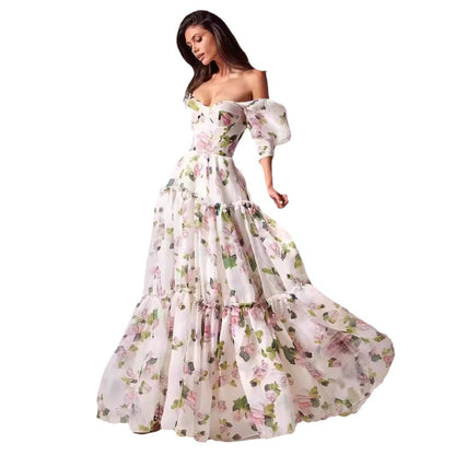 Elegant Off-Shoulder Organza Floral Maxi Dress - Premium Long Evening Gown for Women