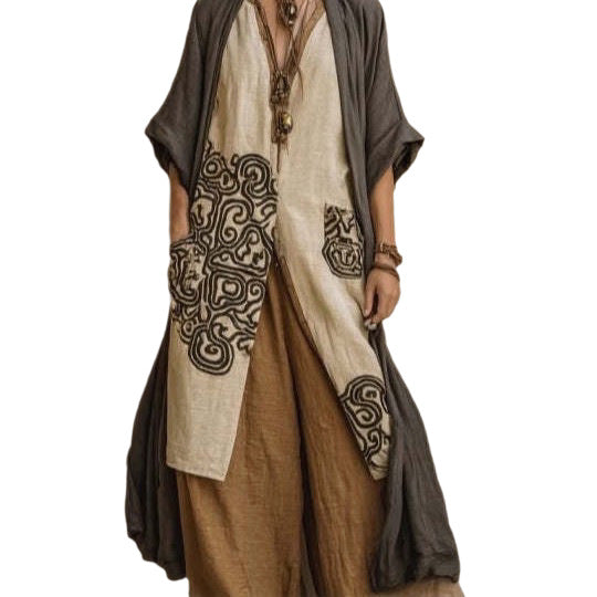Women's Retro Embroidered Long Robe and Wide-Leg Pants Two-Piece Set