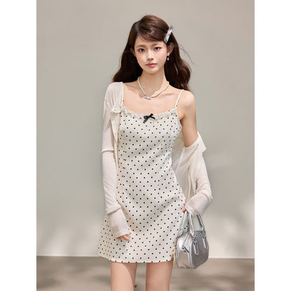 Sweet Elegant Short Dress - Two-Piece Polka Dot Dress and Shrug Set