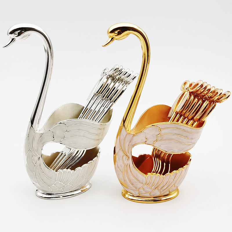 Elegant Swan Holder with Dessert Forks and Coffee Spoons